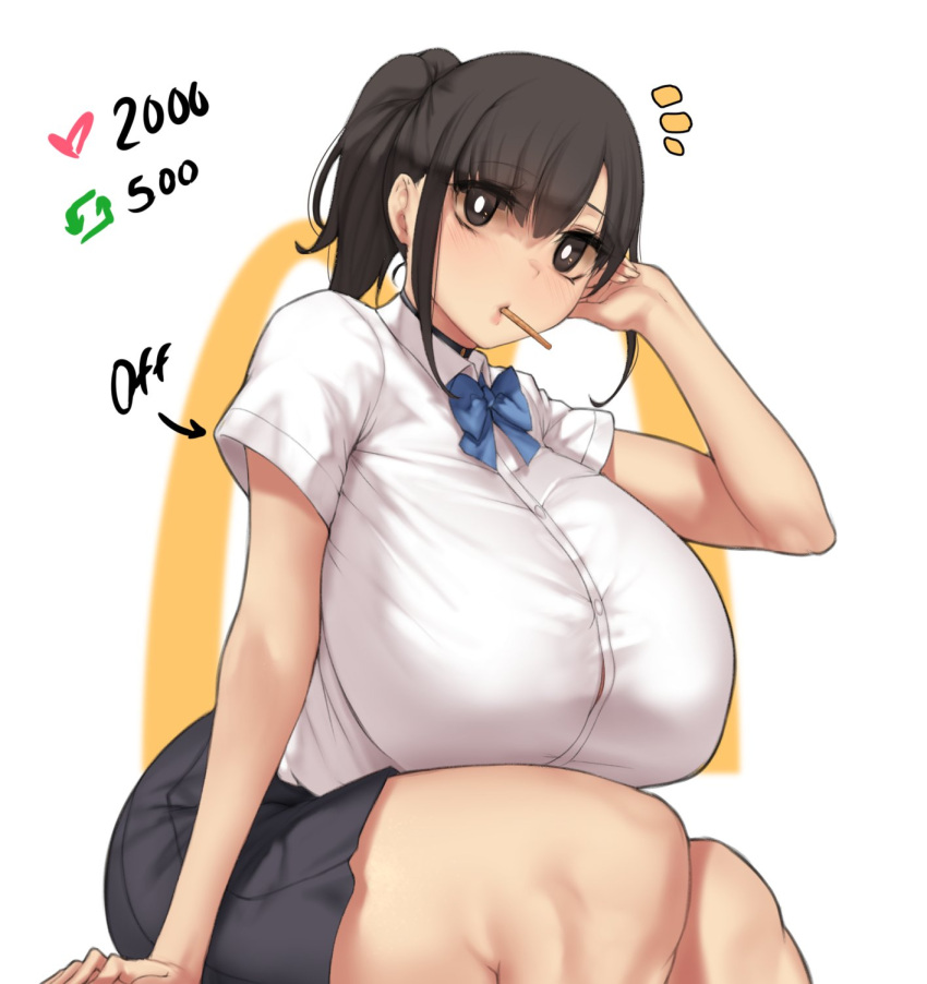 1girl aster_crowley black_choker black_hair blue_bow blue_bowtie bow bowtie breasts bright_pupils choker food_in_mouth gigantic_breasts girlfriend_(yoru_mac) highres light_blush looking_at_viewer mcdonald's mouth_hold pleated_skirt ponytail school_uniform shirt short_sleeves sitting skirt solo thighs white_background white_shirt yoru_mac