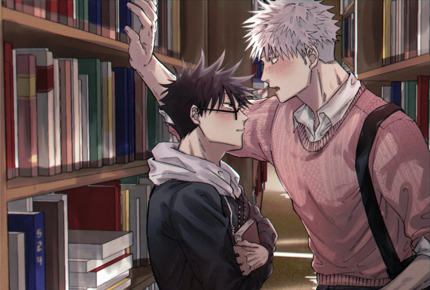 2boys alternate_universe backpack bag black_hair blue_eyes blush book bookshelf fushiguro_megumi fushirun_rung glasses gojou_satoru green_eyes height_difference highres holding holding_book hood hood_down indoors jujutsu_kaisen korean_commentary long_sleeves looking_at_another male_focus multiple_boys open_mouth pink_sweater school_uniform shirt short_hair spiked_hair sweater white_hair yaoi