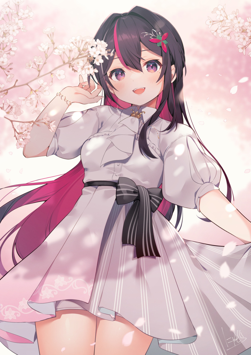 1girl absurdres azki_(hololive) black_hair blush bracelet cherry_blossoms colored_inner_hair dress hair_ornament highres hololive jewelry long_hair looking_at_viewer mole mole_under_eye multicolored_hair nyasunyadoora open_mouth pink_eyes puffy_short_sleeves puffy_sleeves red_hair short_sleeves solo virtual_youtuber white_dress