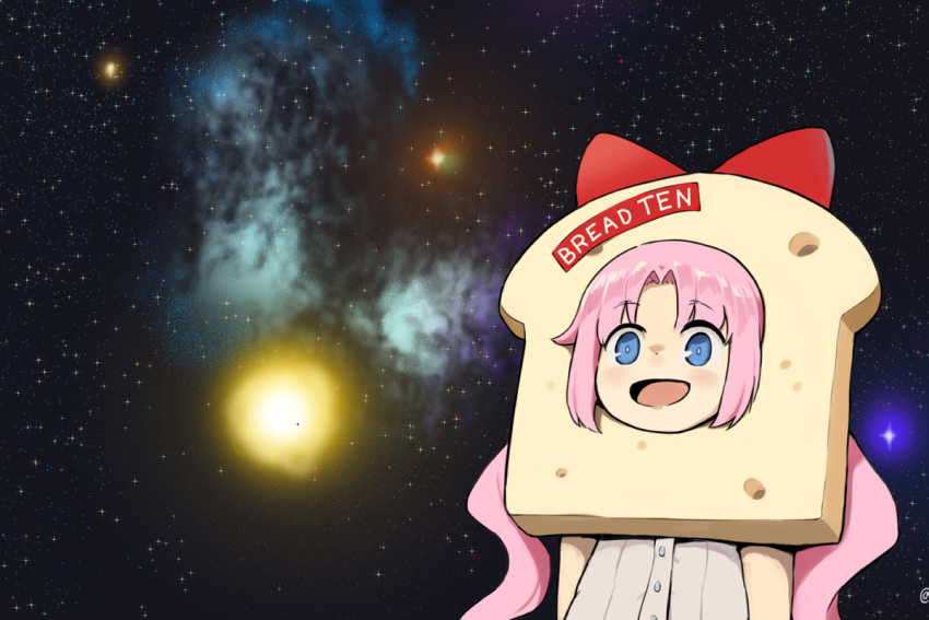 1girl blue_eyes bread bren_ten_(girls'_frontline) cropped english_commentary english_text facing_viewer food girls'_frontline grey_shirt kion-kun looking_afar open_mouth pink_hair shirt solo space star_(sky) upper_body