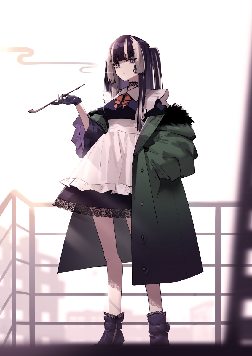 1girl absurdres adarin ankle_boots apron black_choker black_gloves black_hair blue_eyes blunt_bangs boots choker coat dress frilled_apron frills full_body gloves green_coat grey_hair highres hololive juufuutei_raden lace lace_choker lace_trim long_hair looking_at_viewer maid maid_apron maid_headdress multicolored_hair off_shoulder short_dress simple_background smoking smoking_pipe standing streaked_hair twintails two-tone_hair white_background