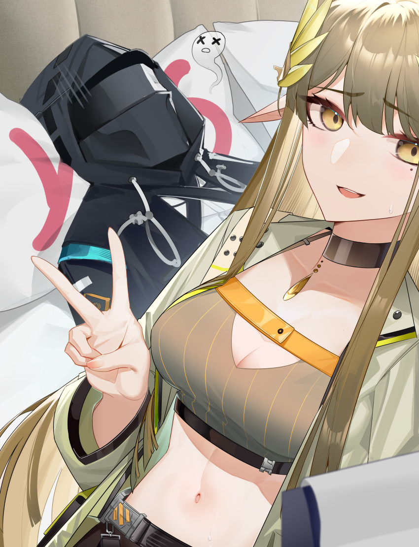 1boy 1girl absurdres arknights black_choker breasts brown_hair brown_tank_top chest_harness choker coat collarbone crop_top doctor_(arknights) fainted feather_hair guy_tired_after_sex_(meme) harness highres hood hood_up hooded_coat hooded_jacket hunxuemeilin jacket long_hair long_sleeves looking_at_viewer medium_breasts meme mole mole_under_eye muelsyse_(arknights) navel open_clothes open_coat open_labcoat pointy_ears tank_top v very_long_hair white_coat x_x yellow_eyes