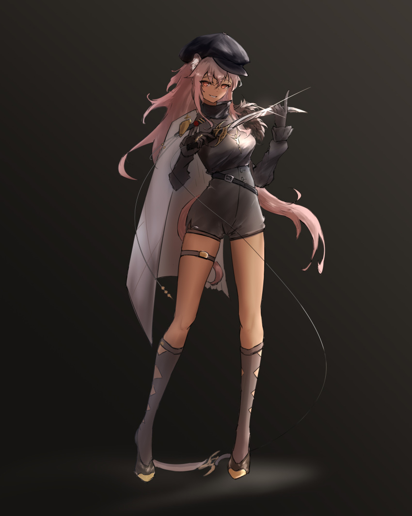 1girl absurdres animal_ear_fluff arknights belt black_footwear black_gloves black_headwear black_shorts boots breasts cabbie_hat cape dark_background frilled_sleeves frills full_body gloves gradient_background gravel_(arknights) gravel_(modeling_night)_(arknights) guardless_sword hand_on_blade hat high-waist_shorts highres hollow_555 index_finger_raised jewelry legs long_hair long_sleeves looking_at_viewer medium_breasts official_alternate_costume parted_lips pendant piano_wire pink_hair prairie_dog_ears prairie_dog_girl prairie_dog_tail red_eyes shorts simple_background smile solo thigh_strap very_long_hair white_cape