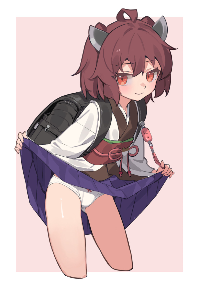 1girl ahoge backpack bag black_bag blush brown_hair clothes_lift commentary_request crime_prevention_buzzer cropped_legs headgear highres japanese_clothes kimono lifted_by_self looking_at_viewer obi panties purple_skirt randoseru red_eyes sash short_hair short_kimono skirt skirt_lift smile solo touhoku_kiritan two-tone_background underwear voiceroid white_kimono white_panties yamamomo_(plank)