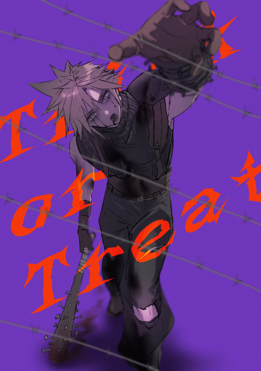 1boy ah_yoshimizu armor barbed_wire baseball_bat belt blonde_hair blood blood_from_eyes blood_from_mouth blood_on_face bruise cloud_strife crisis_core_final_fantasy_vii english_text final_fantasy final_fantasy_vii final_fantasy_vii_remake gloves highres holding holding_baseball_bat injury male_focus multiple_belts shirt short_hair shoulder_armor sleeveless sleeveless_turtleneck spiked_hair suspenders trick_or_treat turtleneck