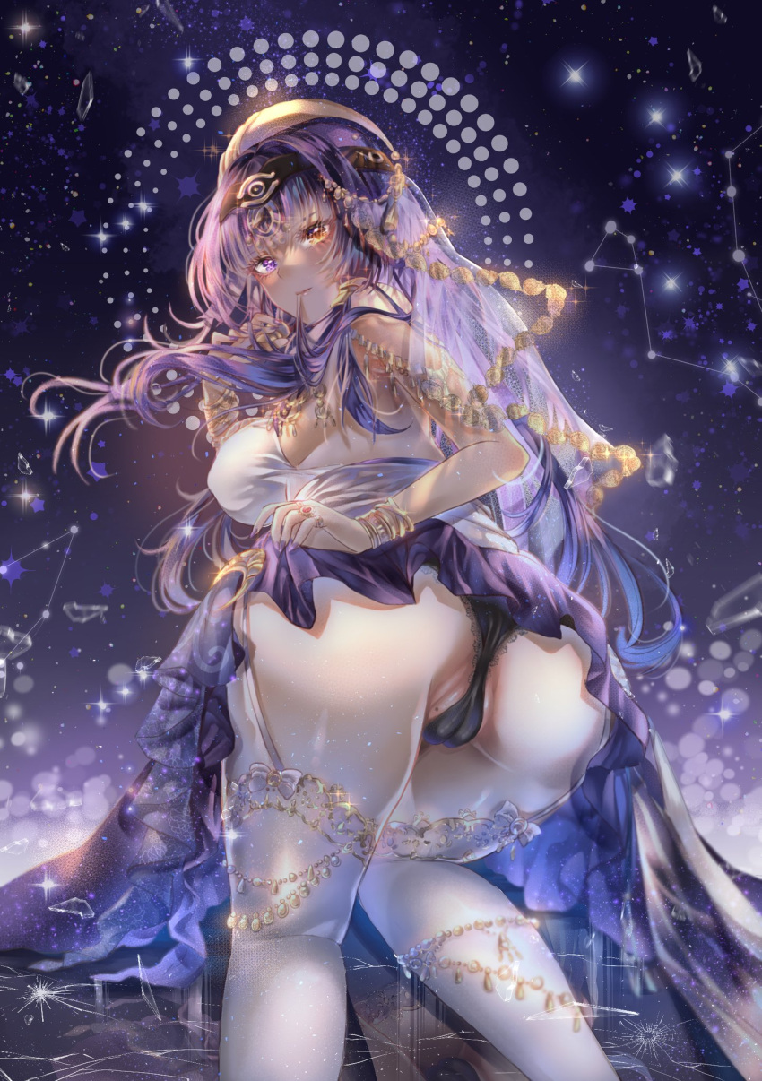 1girl ass bare_shoulders black_panties blush breasts candace_(genshin_impact) chain circlet clip_studio_paint_(medium) coin constellation covering_crotch covering_privates dress egyptian egyptian_clothes genshin_impact glowing gold gold_chain golden headdress highres huge_ass ice jewelry lips long_hair looking_at_viewer mewmiyu miyulein mole mole_on_pussy nail_polish night panties purple_eyes purple_hair ring severed_breast sideboob sky smile solo star_(sky) starry_sky strap thigh_strap underwear yellow_eyes zodiac