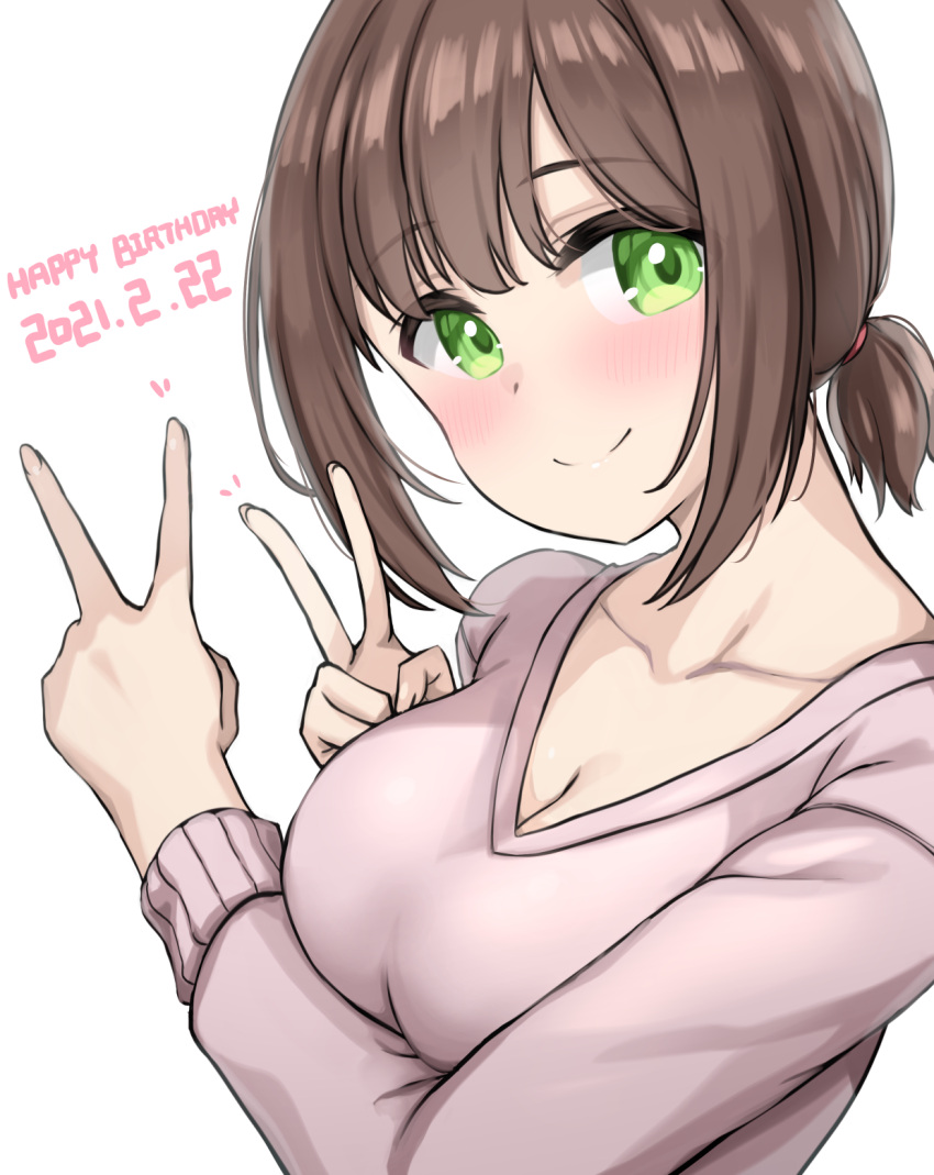 1girl blush breasts brown_hair cardigan cleavage closed_mouth collarbone double_v from_side green_eyes hands_up happy_birthday head_tilt highres idolmaster idolmaster_cinderella_girls kibihimi large_breasts long_sleeves looking_at_viewer maekawa_miku pink_cardigan short_ponytail sidelocks simple_background smile solo upper_body v white_background