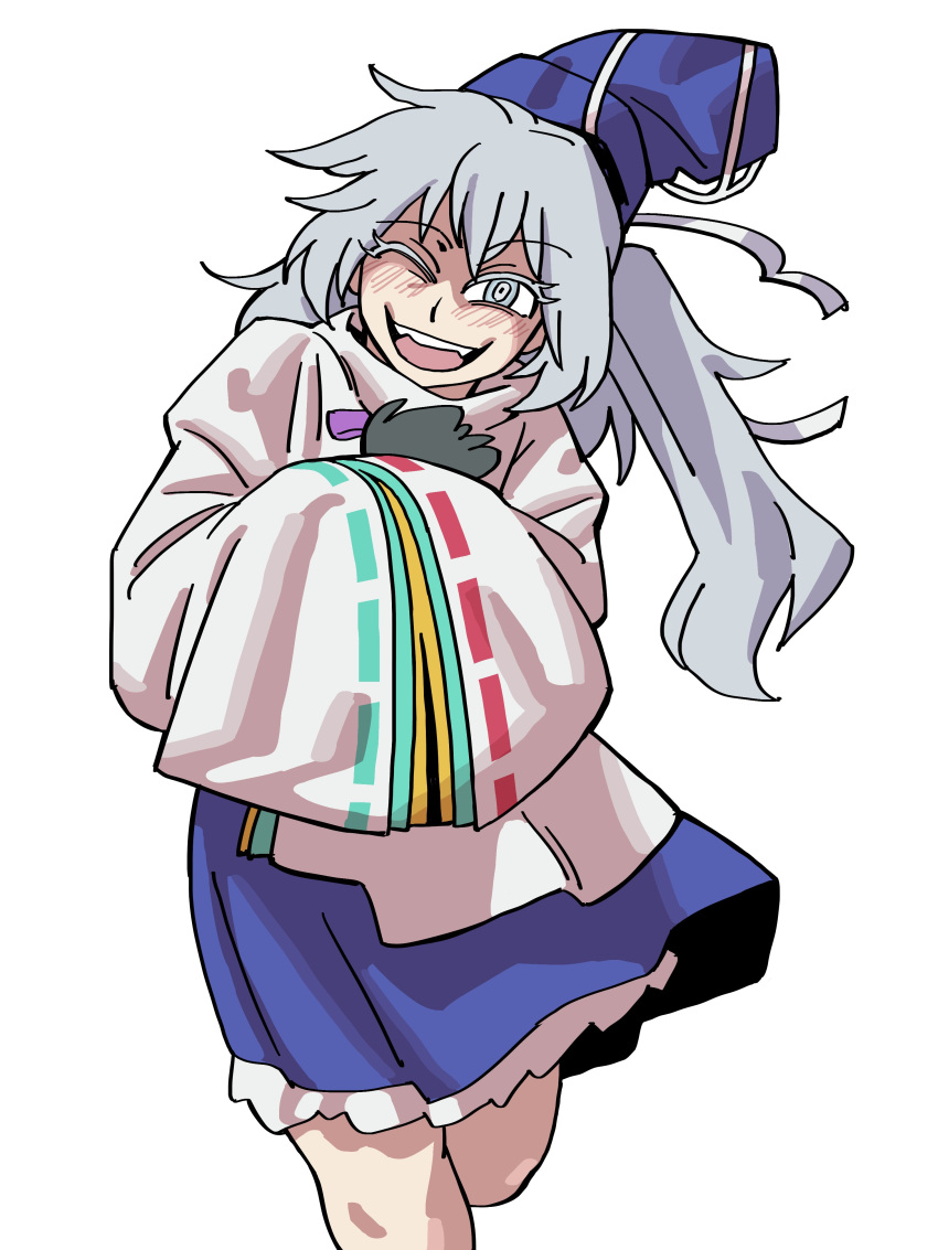 1girl ;d absurdres blue_headwear blue_skirt eddybird55555 grey_eyes grey_hair hands_in_opposite_sleeves hat highres japanese_clothes kariginu long_hair long_sleeves looking_at_viewer mononobe_no_futo one_eye_closed open_mouth ponytail ribbon-trimmed_sleeves ribbon_trim simple_background skirt smile solo tokin_hat touhou white_background wide_sleeves