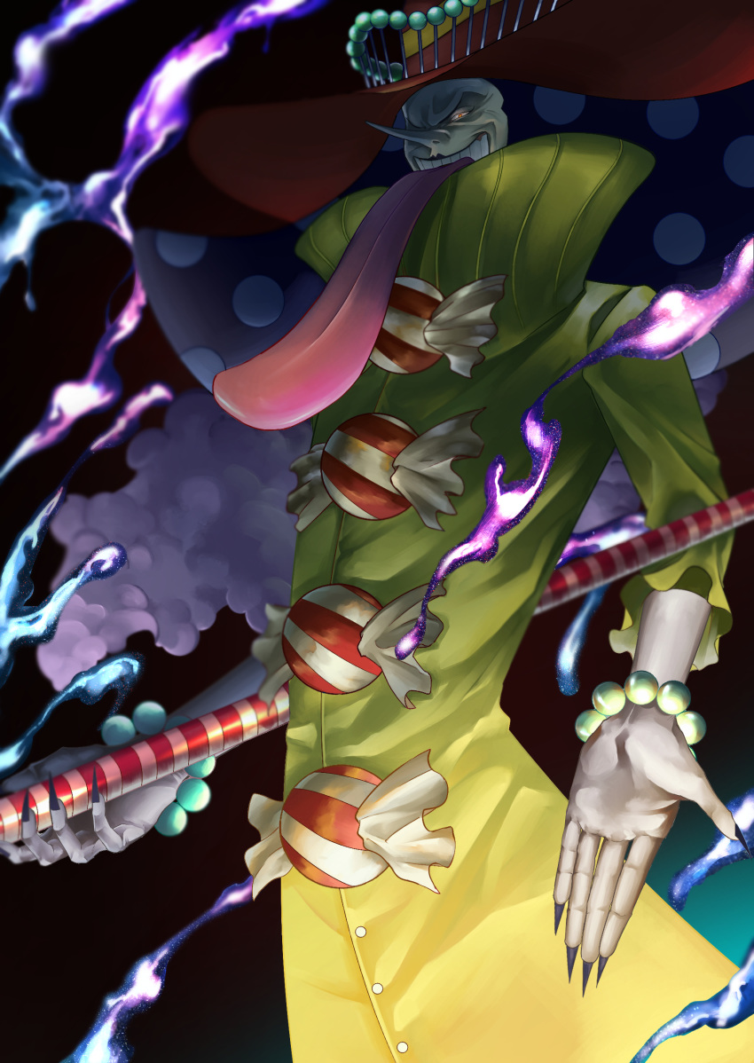 1boy absurdres candy charlotte_perospero coat evil_smile feet_out_of_frame food frown hat high_collar highres itaru_(kidomh63) large_hands large_hat lollipop long_nose long_tongue looking_at_viewer male_focus one_piece open_mouth red_eyes sharp_teeth short_hair smile solo standing teeth telekinesis tongue tongue_out yellow_coat