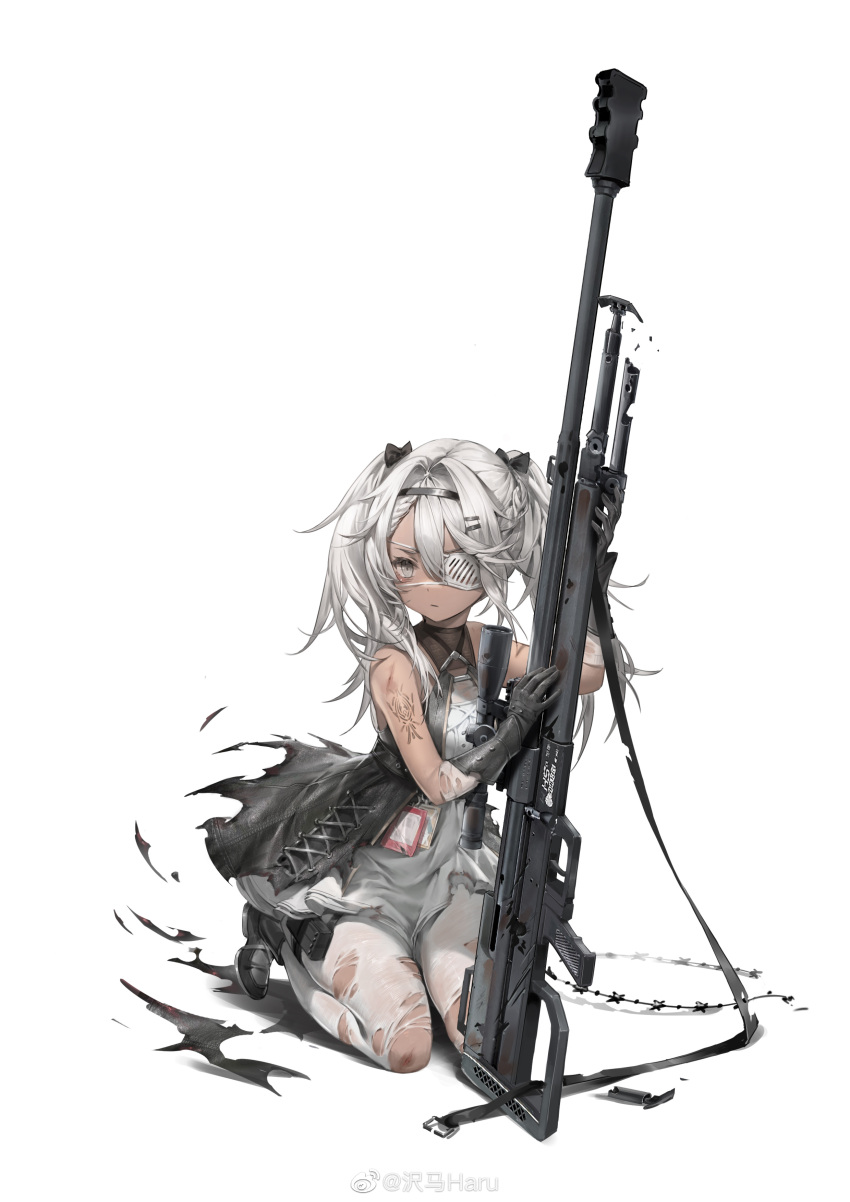 1girl absurdres anti-materiel_rifle arm_tattoo barcode barcode_tattoo bare_shoulders black_gloves damaged dark-skinned_female dark_skin dress girls'_frontline gloves grey_eyes gun hair_between_eyes highres holding holding_gun holding_weapon hs.50_(girls'_frontline) injury kneeling long_hair looking_to_the_side official_art pantyhose rifle sawamaharu scope simple_background sleeveless sleeveless_dress sniper_rifle solo steyr_hs_.50 tattoo torn_clothes torn_pantyhose twintails weapon white_background white_hair white_pantyhose