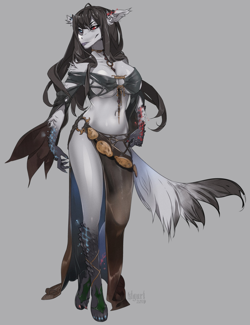 2019 5_toes absurd_res anthro arm_tuft artist_name bandeau bangs big_breasts biped black_body black_hair black_scales blue_eyes bottomwear breasts brown_clothing cleavage clothed clothing dated facial_horn feet female footwear full-length_portrait fur furry_tail glistening glistening_breasts grey_background grey_body grey_clothing grey_fur hair heterochromia hi_res horn inner_ear_fluff jewelry kiguri lips loincloth midriff nails navel necklace nose_horn portrait red_eyes sandals scales sharp_nails sharp_toenails shoulder_tuft simple_background skimpy solo standing tail toenails toes topwear tuft unknown_species