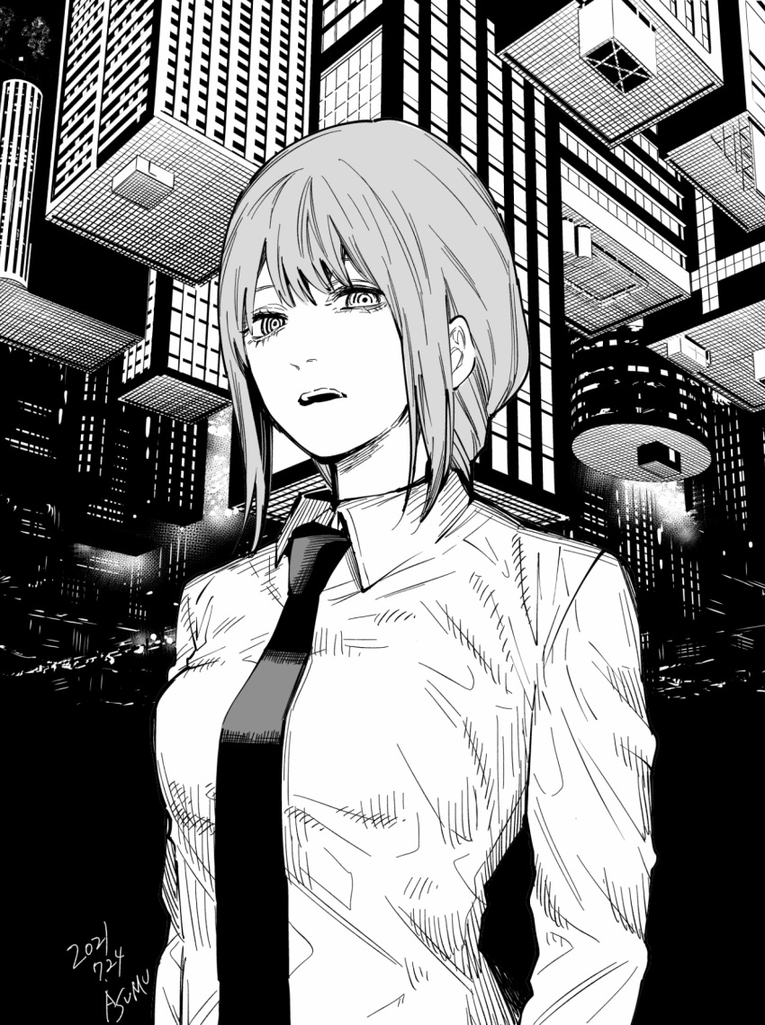 1girl braid braided_ponytail chainsaw_man cityscape collared_shirt dated greyscale highres looking_at_viewer makima_(chainsaw_man) matsumotoasumu medium_hair monochrome necktie open_mouth ringed_eyes shirt sidelocks solo upside-down
