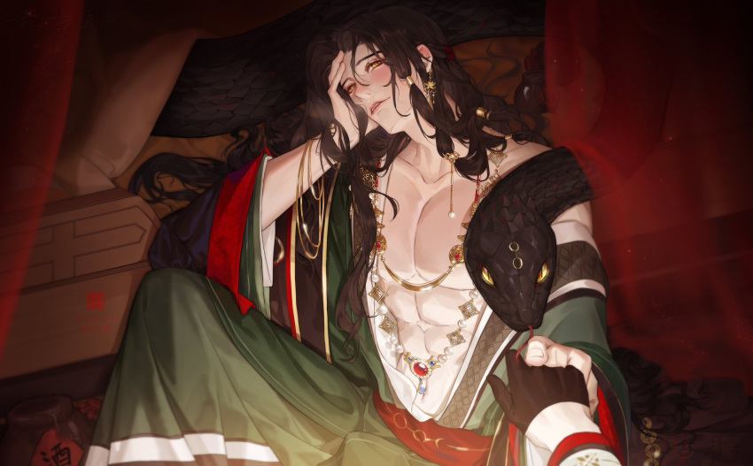 1boy arm_up bed black_hair black_snake blush breath code:_kite gruel_can hand_on_own_head head_tilt heavy_breathing highres liu_bian long_hair looking_at_viewer male_focus outstretched_arm pov pov_hands reaching reaching_towards_viewer sitting smile yellow_eyes