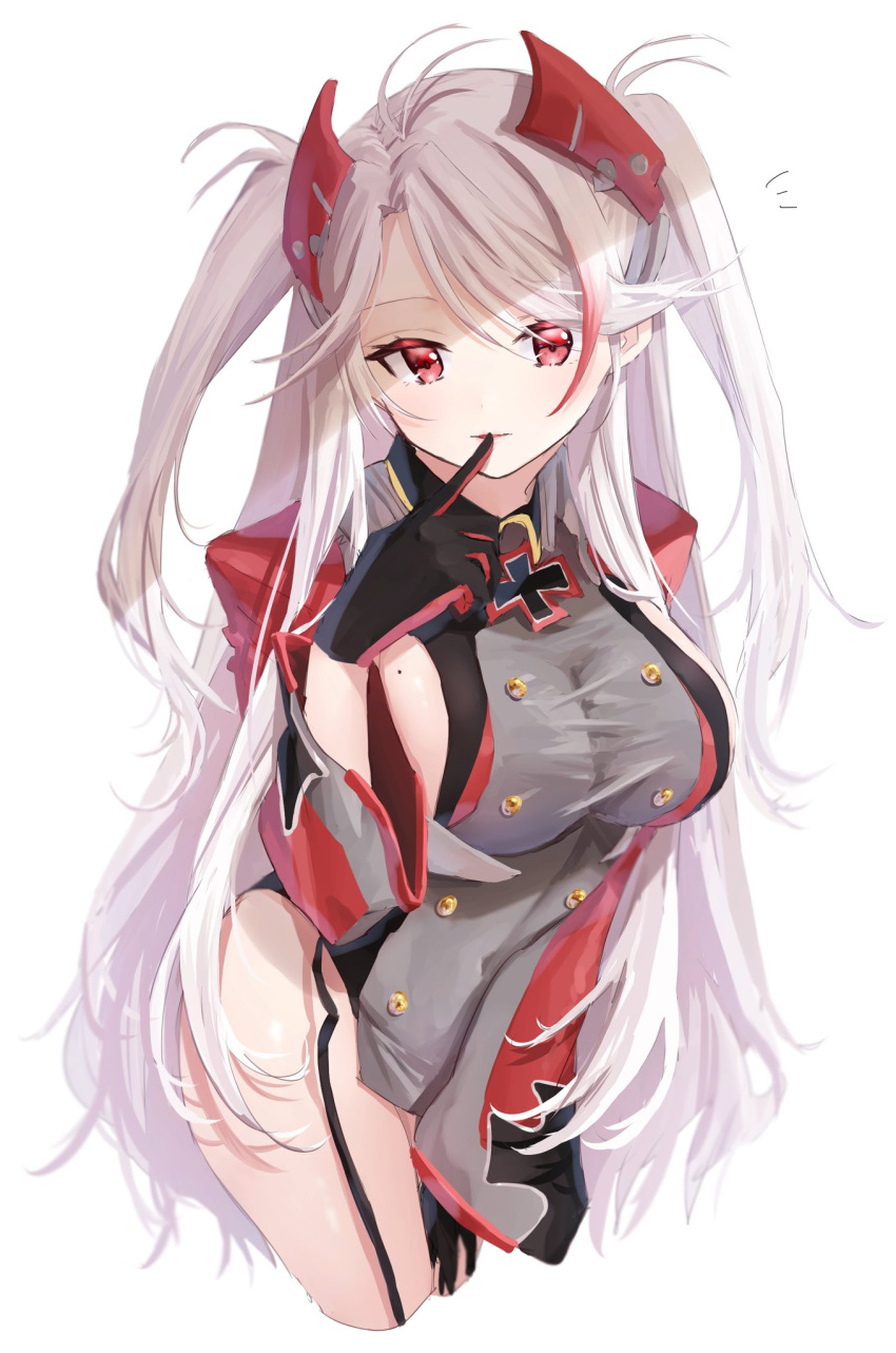 1girl antenna_hair azur_lane black_gloves breasts chigusa_minori commentary cropped_legs dress finger_to_mouth garter_straps gloves grey_dress hair_ornament hand_on_own_thigh hand_up highres large_breasts long_hair long_sleeves looking_at_viewer mole mole_on_breast multicolored_hair prinz_eugen_(azur_lane) red_eyes simple_background solo thighs two-tone_hair two_side_up very_long_hair white_background white_hair