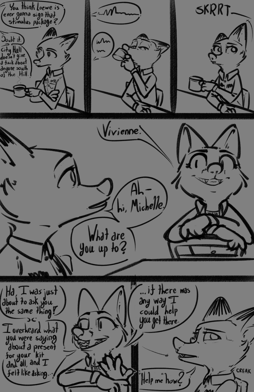 2022 anthro canid canine chair clothing comic dialogue disney fan_character female fox furniture group hi_res male mammal michelle_densmore monochrome mrs._wilde offscreen_character red_fox simple_background sound_effects speech_bubble table tangerine_(artist) uniform zootopia