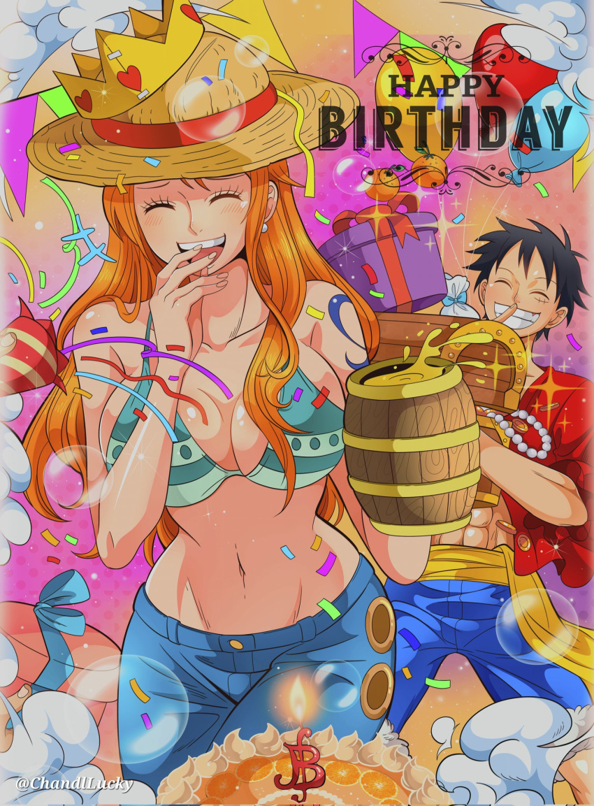 1boy 1girl abs balloon bare_shoulders bikini bikini_top_only birthday birthday_cake black_hair blue_pants blue_shorts box breasts bubble cake chandllucky cleavage closed_eyes collarbone commentary_request confetti cowboy_shot cup denim food fruit gift gift_box green_bikini grin hand_to_own_mouth happy happy_birthday hat highres holding holding_cup jeans large_breasts light_blush long_hair mandarin_orange midriff monkey_d._luffy nami_(one_piece) navel one_piece open_clothes orange_hair pants paper_crown red_shirt scar scar_on_cheek scar_on_face shirt short_hair shorts shoulder_tattoo single_sidelock smile sparkle straw_hat swimsuit tattoo teeth treasure_chest upper_teeth_only