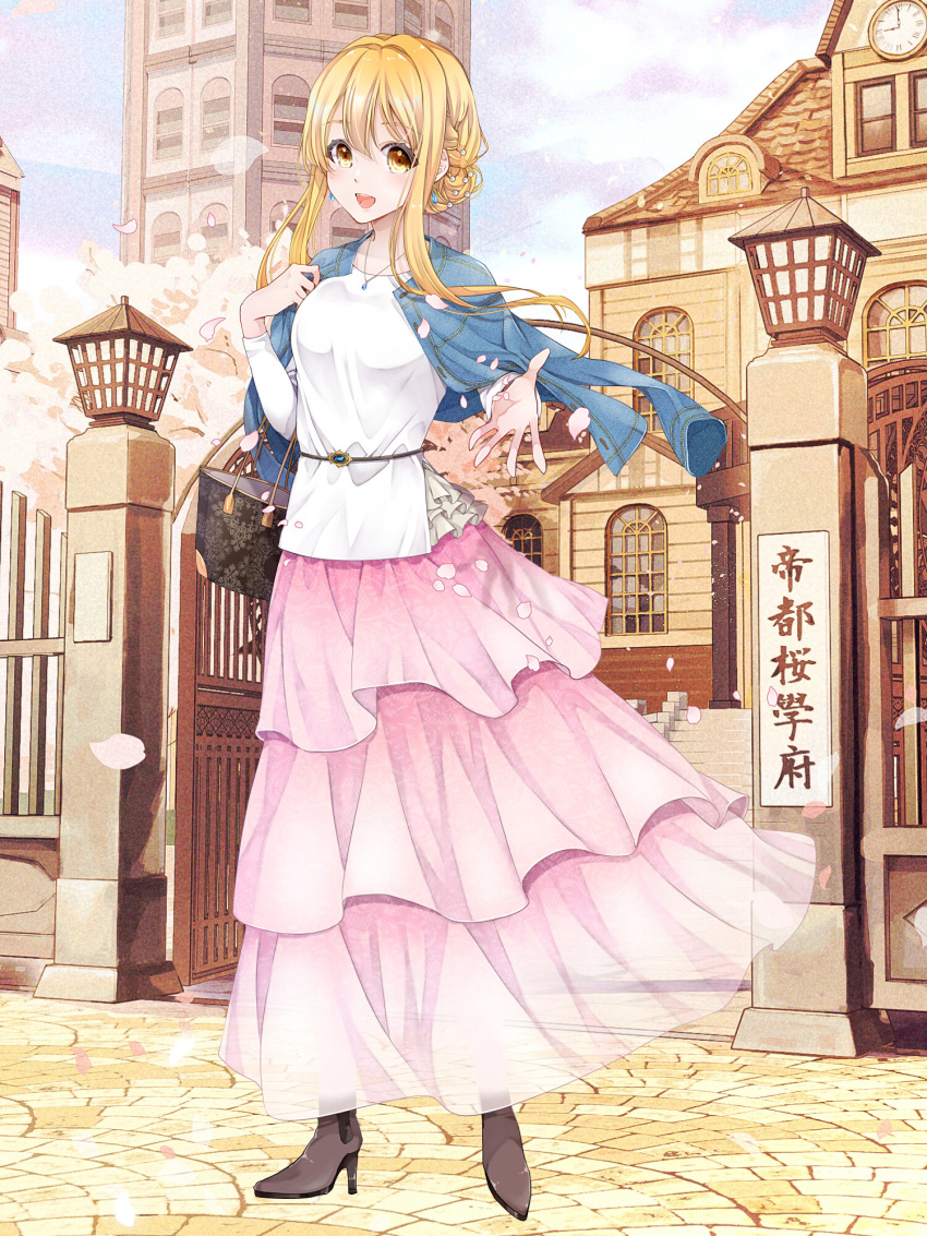 1girl :d bag black_footwear blonde_hair blue_jacket building dairoku_ryouhei day earrings erisha_paltier handbag high_heels highres jacket jacket_on_shoulders jewelry long_hair long_skirt long_sleeves looking_at_viewer necklace outdoors petals pink_skirt shima_(shima46653800) shirt skirt smile solo standing white_shirt yellow_eyes