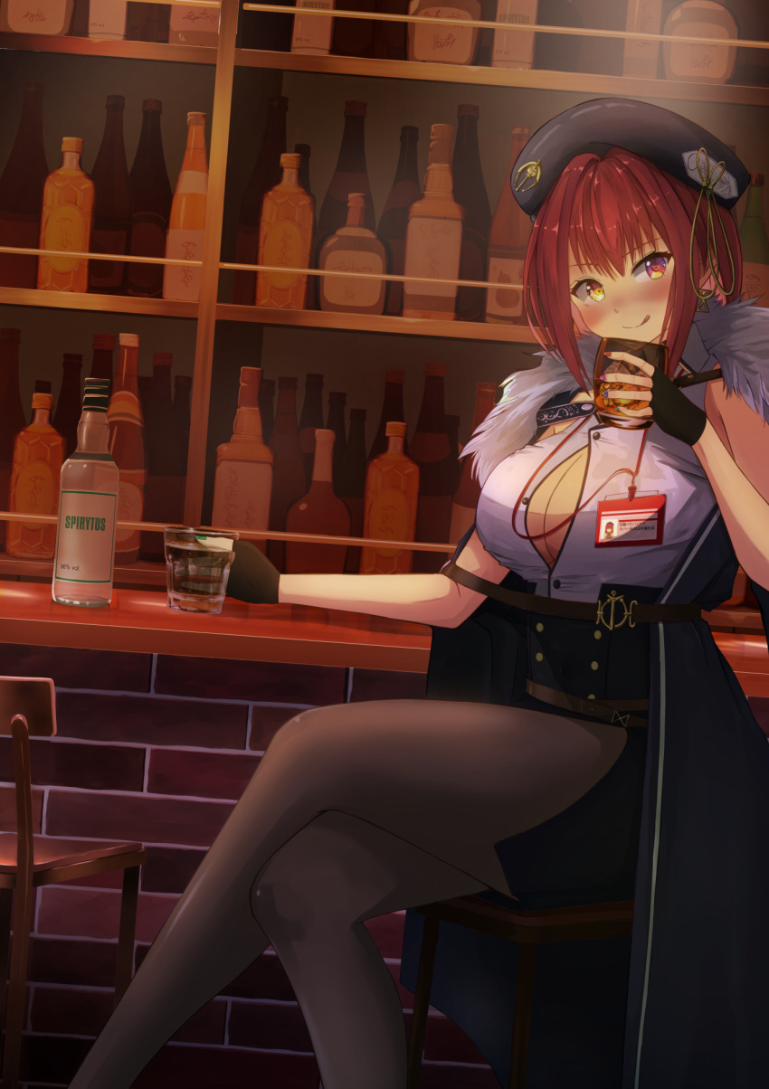 1girl :q alcohol bar_(place) bar_stool beret blush bottle breasts cleavage crossed_legs detoyana fingerless_gloves glass gloves hat heterochromia highres hololive houshou_marine houshou_marine_(6th_costume) nail_polish open_clothes open_shirt pantyhose sitting smile solo stool tongue tongue_out virtual_youtuber