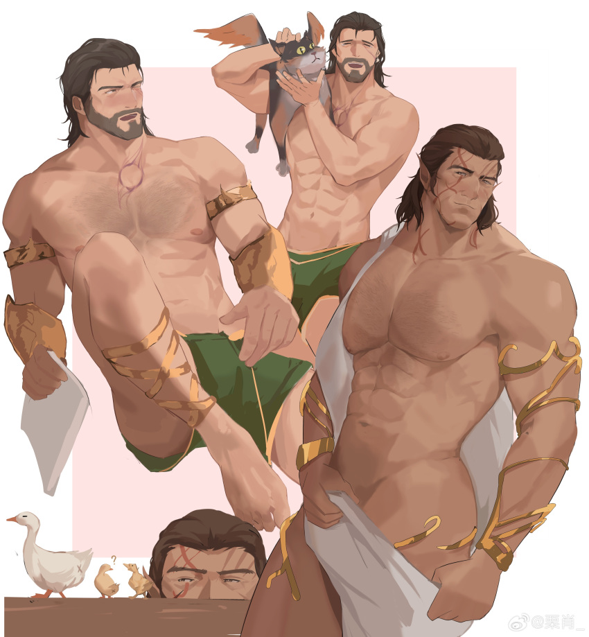 2boys abs absurdres armlet baldur's_gate baldur's_gate_3 bara bare_pectorals bird brown_hair character_request chest_hair chick collage covering_crotch covering_privates dark-skinned_male dark_skin duck dungeons_and_dragons elf halsin highres large_pectorals lixiao6342 looking_at_viewer male_focus mature_male medium_hair multiple_boys muscular muscular_male navel nipples nude_cover pectorals pointy_ears sideways_glance smile stomach thick_eyebrows
