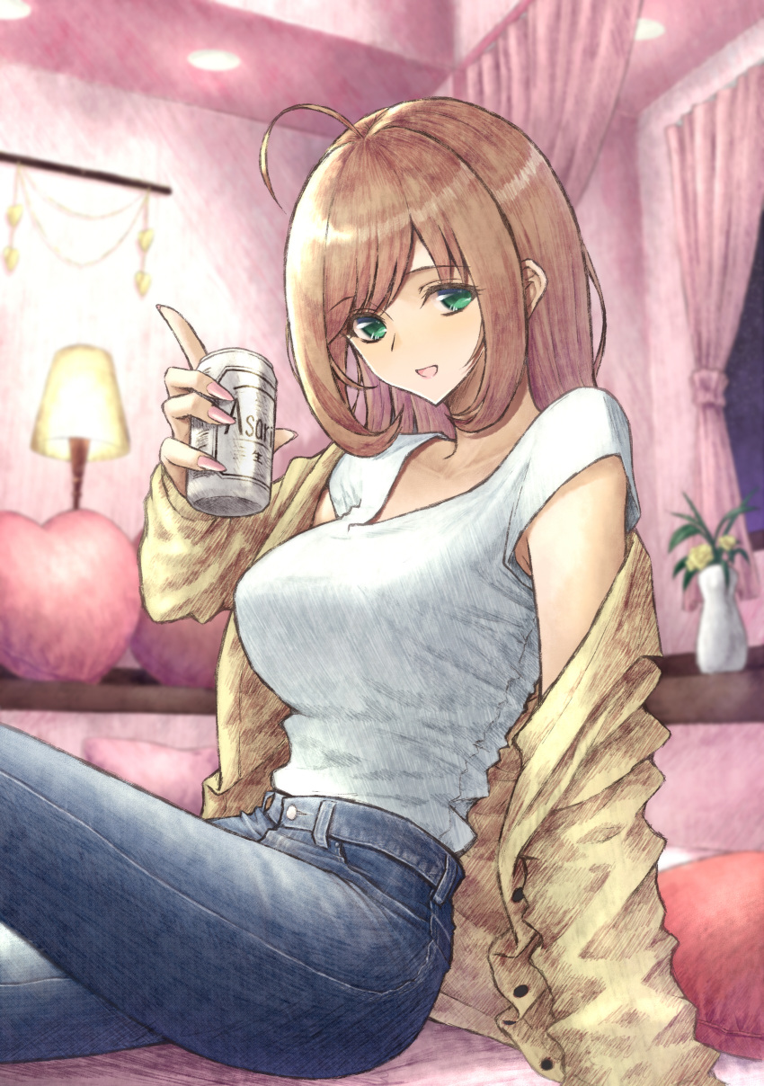 1girl absurdres ahoge alternate_costume aramachi asahi_breweries beer_can blush breasts can comiket_102 denim hair_down highres holding holding_can idolmaster idolmaster_cinderella_girls indoors jacket jacket_partially_removed jeans large_breasts light_brown_hair looking_at_viewer pants sato_shin shirt shirt_tucked_in sitting smile solo straight_hair white_shirt yellow_jacket