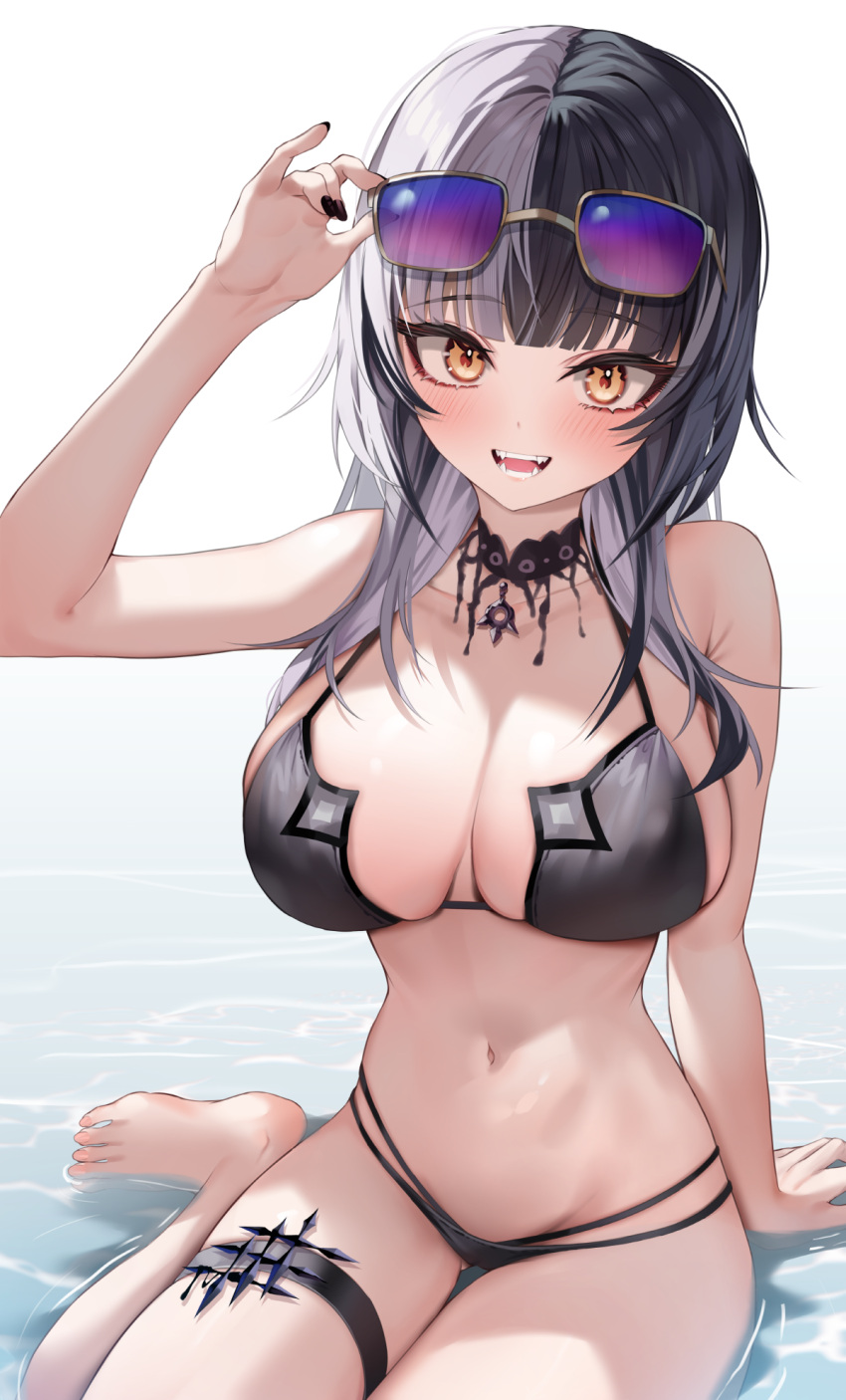 1girl bikini black_bikini black_choker black_hair black_nails breasts choker cleavage commentary eyewear_on_head fangs highres hololive hololive_english in_water lace lace_choker large_breasts long_hair looking_at_viewer midriff multicolored_hair navel off_shoulder open_mouth shiori_novella shuvi_(shuvi1125) simple_background sitting smile solo split-color_hair stomach sunglasses swimsuit thigh_strap two-tone_hair virtual_youtuber wariza white_background white_hair yellow_eyes