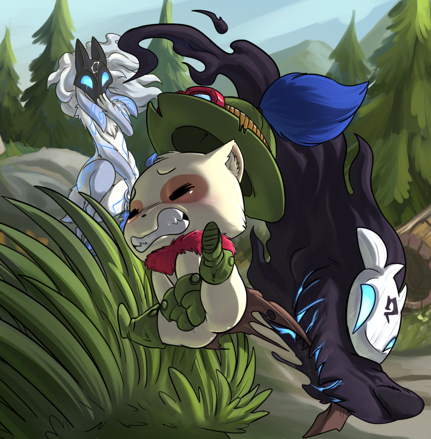 assisted_exposure blue_eyes butt clothing duo female hi_res kindred_(lol) lamb_(lol) league_of_legends lkiws male male/female riot_games teemo_(lol) torn_clothing wolf_(lol)