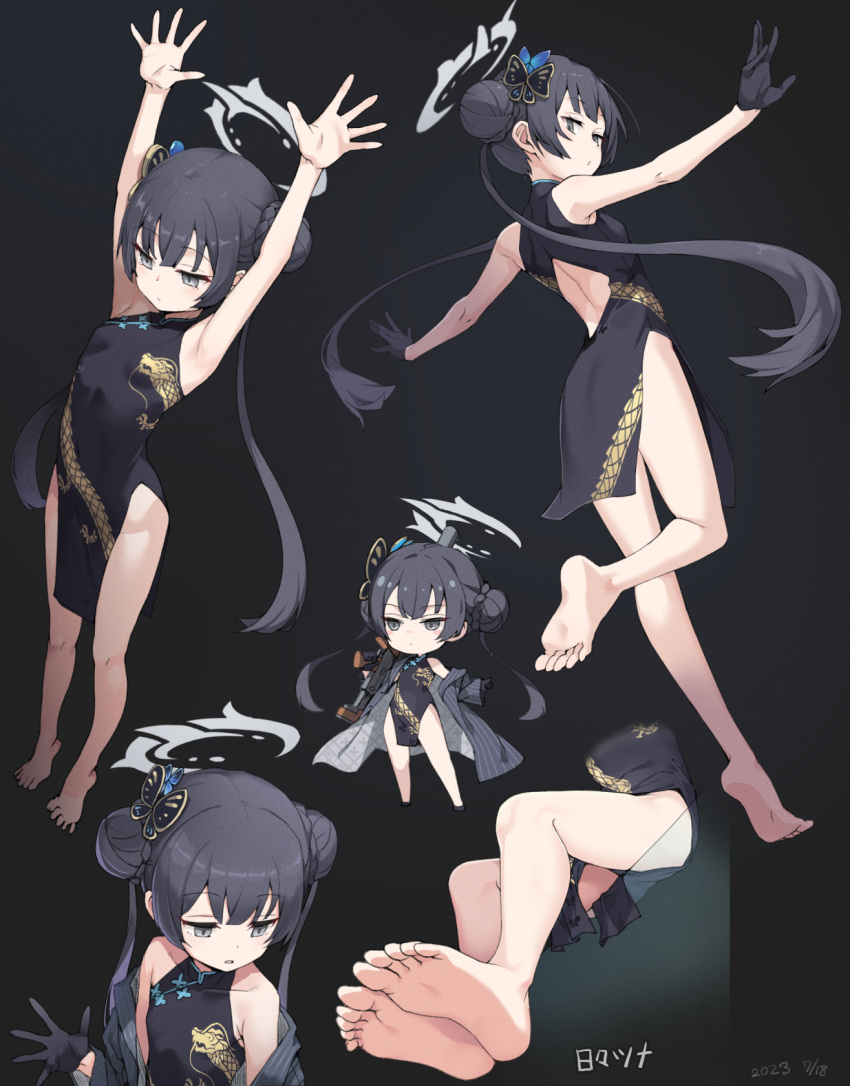 1girl armpits arms_up bare_legs barefoot black_background black_dress black_gloves black_hair blue_archive breasts butterfly_hair_ornament chibi china_dress chinese_clothes commentary_request dated double_bun dragon_print dress expressionless feet foot_focus foreshortening from_behind full_body gloves gold_trim grey_eyes grey_halo hair_bun hair_ornament halo hibi_tsuna highres kisaki_(blue_archive) legs long_hair looking_back multiple_views print_dress short_dress side_slit sidelocks simple_background sitting sleeveless sleeveless_dress small_breasts soles solo spread_toes standing standing_on_one_leg tiptoes toes twintails upper_body