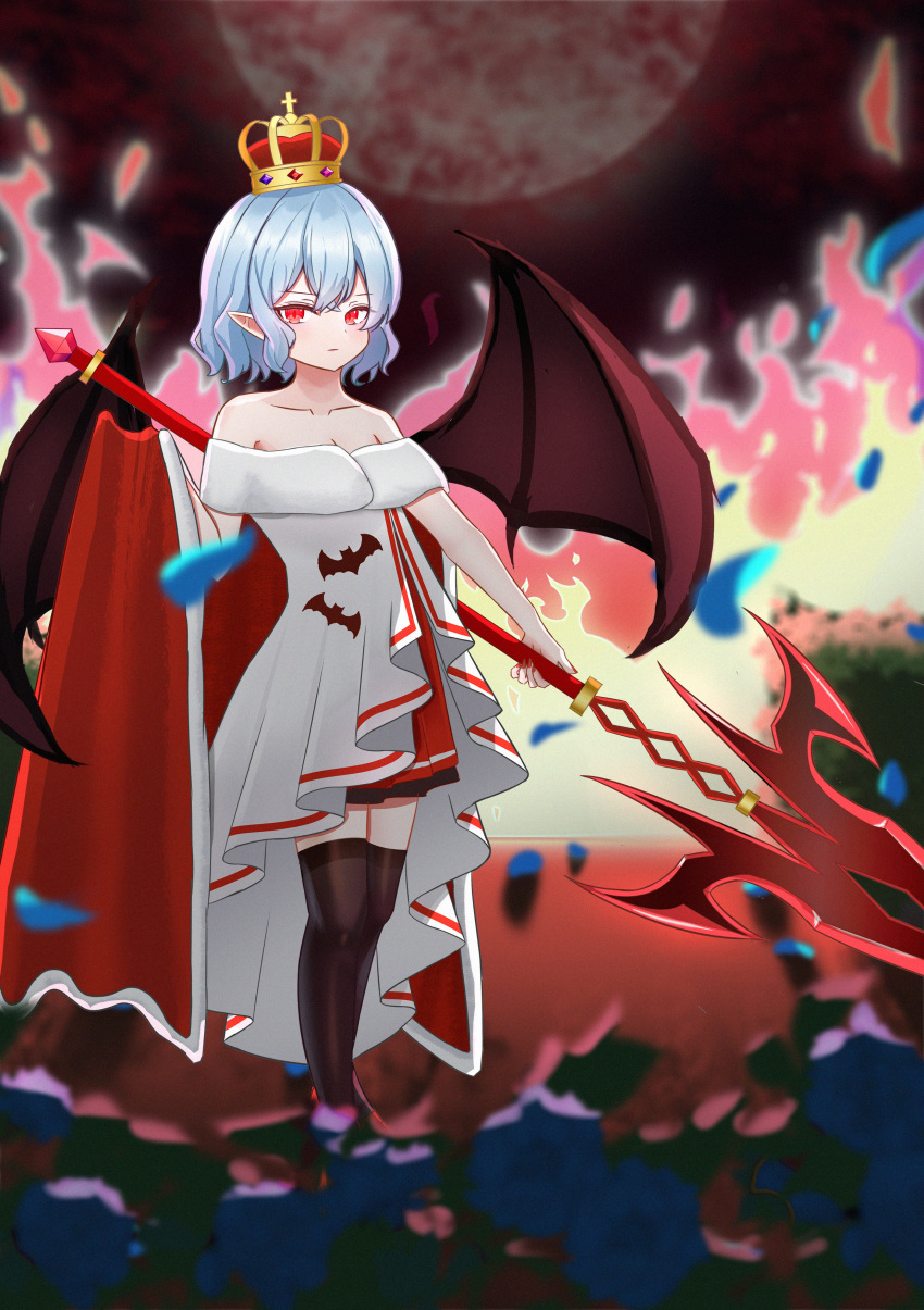 1girl absurdres alternate_costume bat_wings black_thighhighs blue_hair commentary_request crown dress full_body full_moon highres holding holding_weapon light_blue_hair linuslinus920423 looking_at_viewer moon outdoors pointy_ears red_eyes remilia_scarlet short_hair solo spear_the_gungnir standing strapless strapless_dress thighhighs touhou weapon white_dress wings