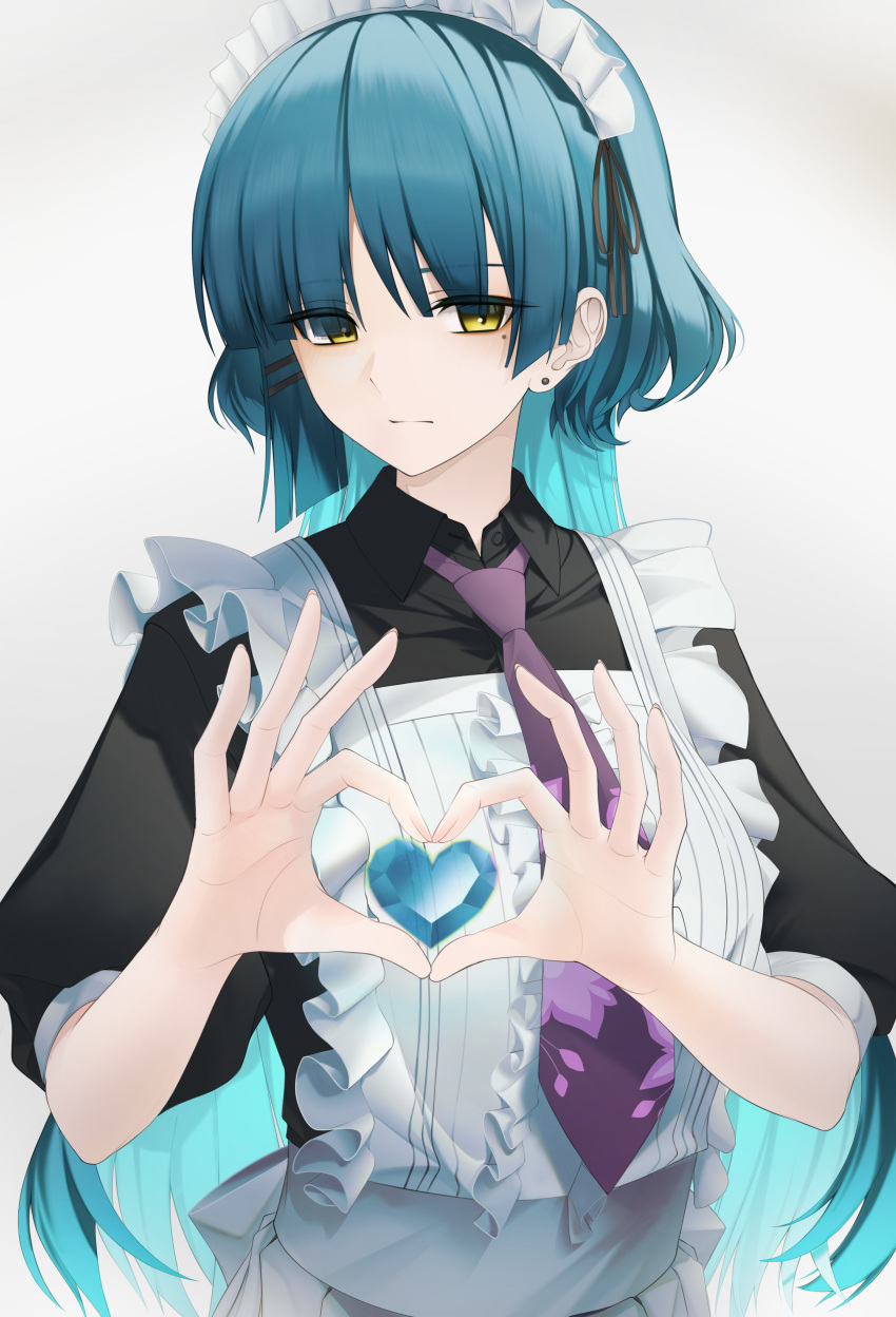 1girl absurdres aqua_hair black_shirt blunt_bangs bocchi_the_rock! chuuni227 closed_mouth collared_shirt colored_inner_hair dot_nose ear_piercing expressionless frills gem hair_ribbon hands_up heart heart_hands highres long_hair maid maid_headdress mole mole_under_eye multicolored_hair necktie parted_bangs piercing puffy_short_sleeves puffy_sleeves purple_necktie ribbon shirt short_sleeves simple_background solo upper_body white_background yamada_ryou yellow_eyes