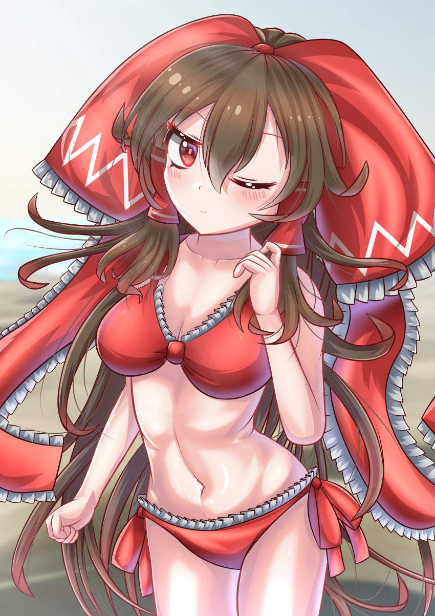 1girl absurdres bad_anatomy bare_shoulders beach bikini blush bow breasts brown_hair cleavage closed_mouth commentary cowboy_shot hair_between_eyes hair_bow hair_tubes hakurei_reimu hand_up highres long_hair looking_at_viewer medium_breasts navel one_eye_closed red_bikini red_bow red_eyes solo standing star_shin stomach swimsuit touhou