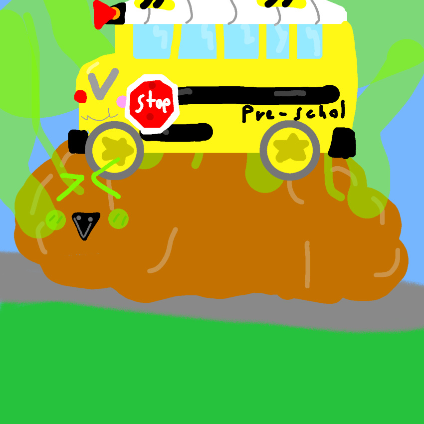 animate_inanimate diaper diaper_creature duo feces female hi_res humanoid living_machine living_vehicle machine scat school_bus simple_background simple_coloring vehicle