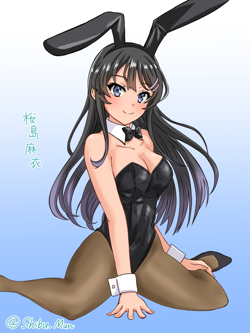 1girl animal_ears black_bow black_bowtie black_hair black_leotard blue_background bow bowtie breasts brown_pantyhose character_name cleavage detached_collar fake_animal_ears gradient_background hair_ornament hairclip highres leotard looking_at_viewer medium_breasts munbato_(watari_megumi) pantyhose playboy_bunny purple_eyes rabbit_ears sakurajima_mai seishun_buta_yarou sitting smile solo strapless strapless_leotard wariza white_background wrist_cuffs