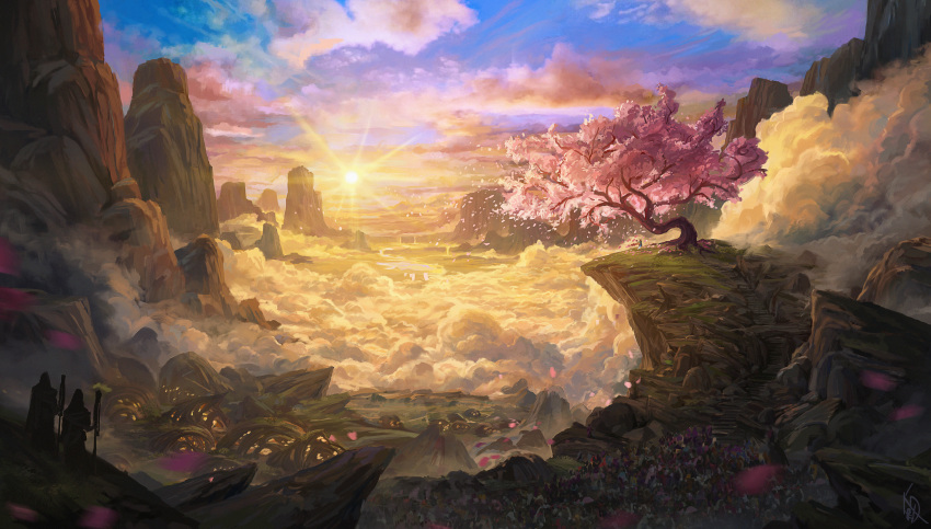 absurdres blue_sky building bush cherry_blossoms cliff critical_role english_commentary falling_petals fantasy fog grass highres holding holding_staff horizon house idrawbagman landscape mountain nature outdoors people petals plant rock scenery signature sky staff sunlight sunrise tree valley wide_shot