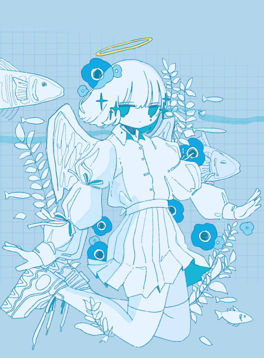 1girl anemone_(flower) blue_eyes bob_cut collared_shirt dot_mouth feathered_wings fish flower full_body halo high-waist_skirt highres jitome kneeling long_bangs long_sleeves looking_at_viewer no_pupils open_hands original plant pleated_skirt shirt shirt_tucked_in shoes short_hair sidelocks skirt sneakers solo sskitaco thighhighs tile_wall tiles white_footwear white_shirt white_skirt white_theme white_thighhighs white_wings wings