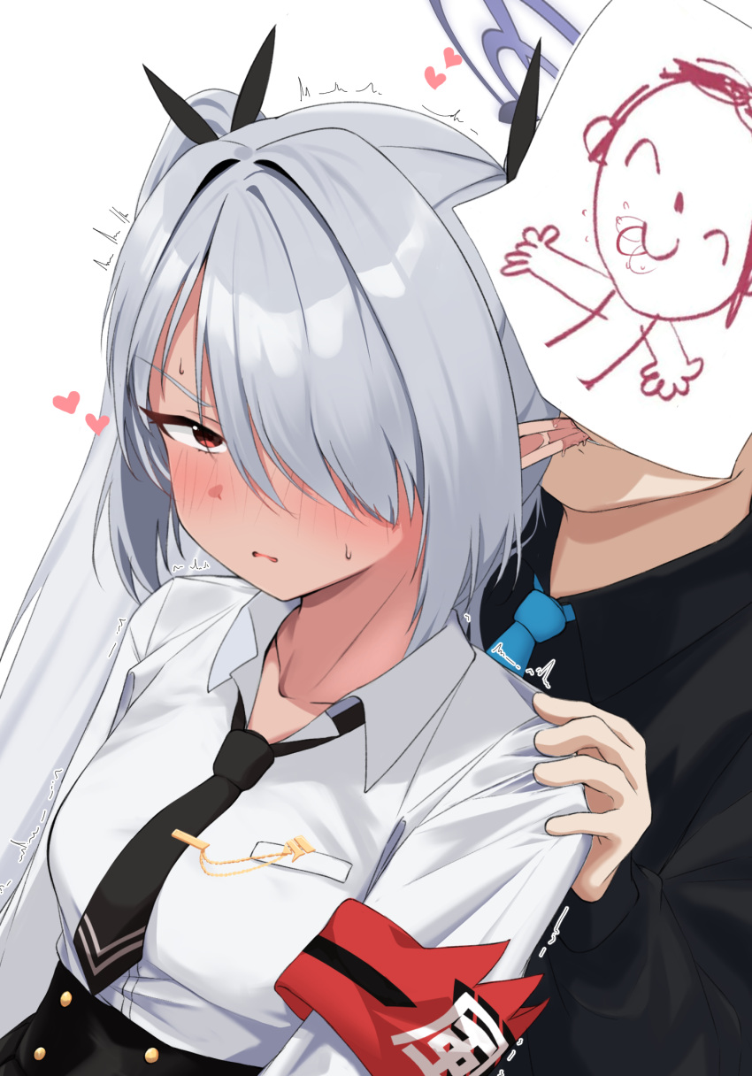 1boy 1girl armband arona's_sensei_doodle_(blue_archive) biting black_necktie black_ribbon black_shirt black_skirt blue_archive blue_necktie blush breasts collarbone collared_shirt dark-skinned_female dark_skin ear_biting grey_hair hair_over_one_eye hair_ribbon halo heart highres iori_(blue_archive) long_hair long_sleeves mintchoco_(minchothudong) necktie open_mouth pointy_ears purple_halo red_armband ribbon sensei_(blue_archive) shirt simple_background skirt small_breasts twintails white_background white_shirt