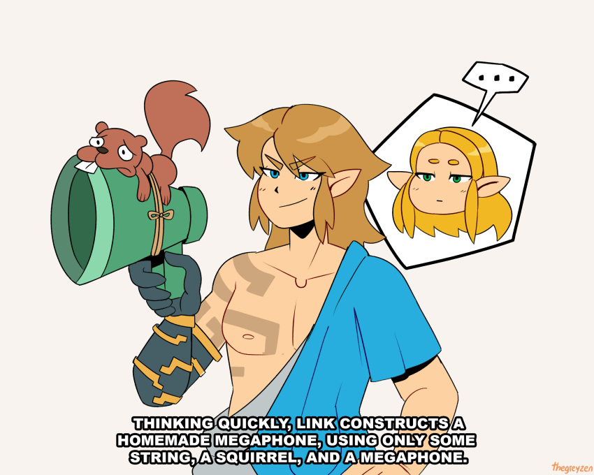 ... 1boy 1girl blonde_hair blue_eyes brown_hair closed_mouth dave_the_barbarian english_commentary english_text gameplay_mechanics green_eyes highres link megaphone pectorals pointy_ears princess_zelda simple_background spoken_ellipsis squirrel subtitled the_legend_of_zelda the_legend_of_zelda:_tears_of_the_kingdom thegreyzen white_background