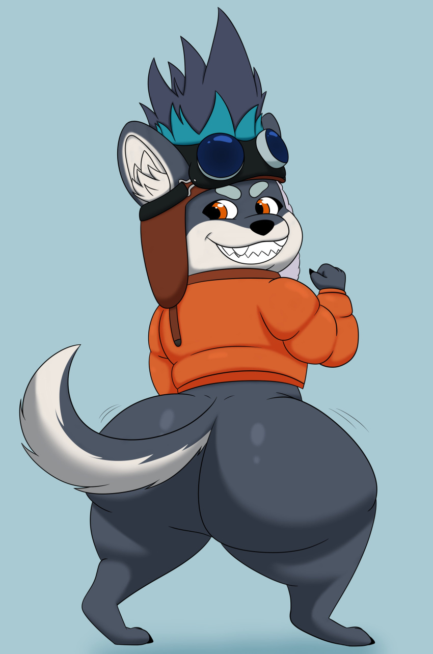 absurd_res anthro big_butt blue_body blue_fur bottomless brewster_(dislyte) bubble_butt butt canid canine canis clothed clothing colossalstars dislyte domestic_dog eyewear fur goggles hi_res looking_back male mammal nude orange_eyes simple_background solo tail teeth thick_thighs topwear