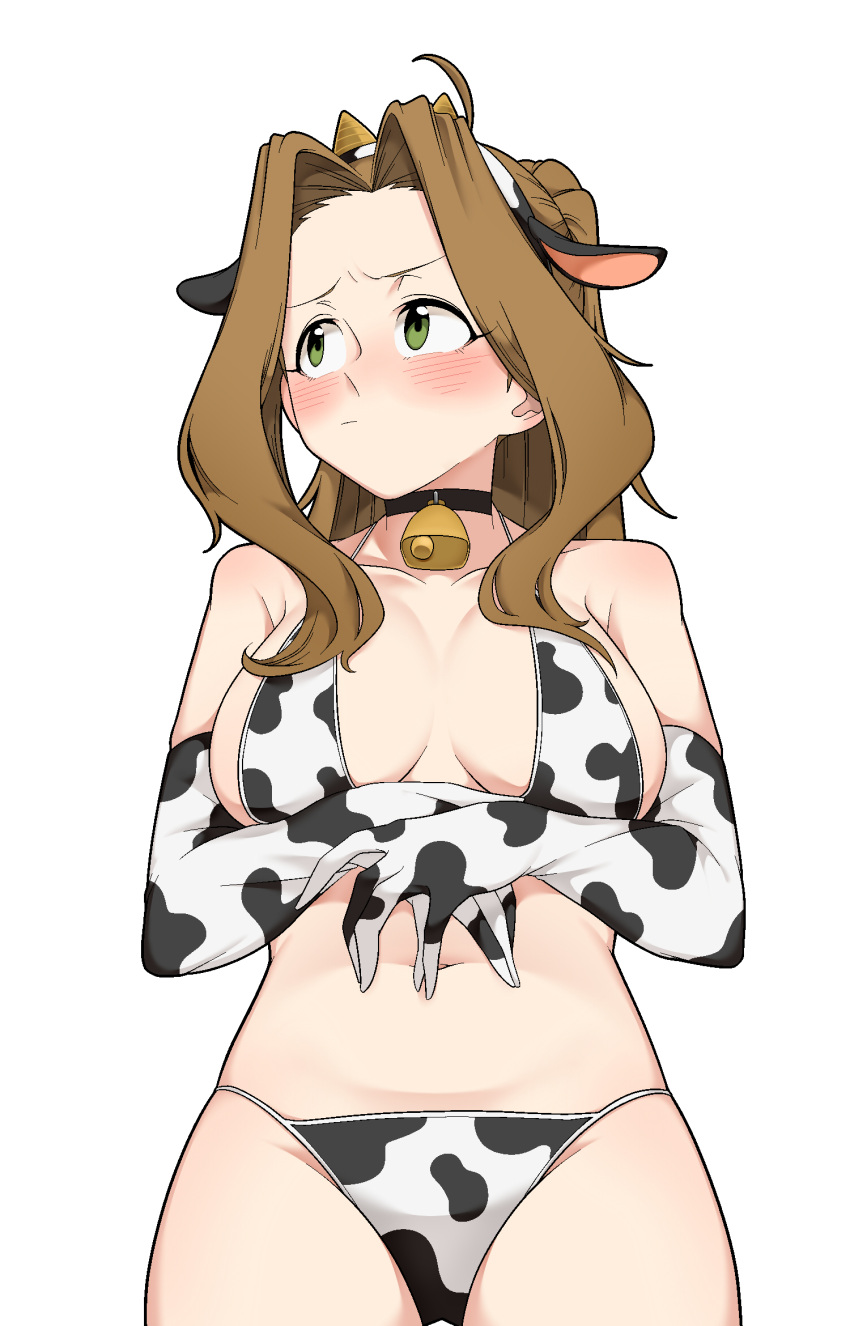 1girl ahoge animal_ears animal_print arms_under_breasts bare_shoulders bell bikini black_choker blush breasts breasts_apart brown_hair choker closed_mouth collarbone cow_ears cow_print cow_print_bikini cowbell cowboy_shot elbow_gloves fake_animal_ears gloves green_eyes hairband hands_up hashiba_(hashiba_ss) highres idolmaster idolmaster_million_live! idolmaster_million_live!_theater_days large_breasts long_hair micro_bikini navel neck_bell nikaidou_chizuru ponytail print_bikini print_gloves shy simple_background solo standing string_bikini swimsuit white_background