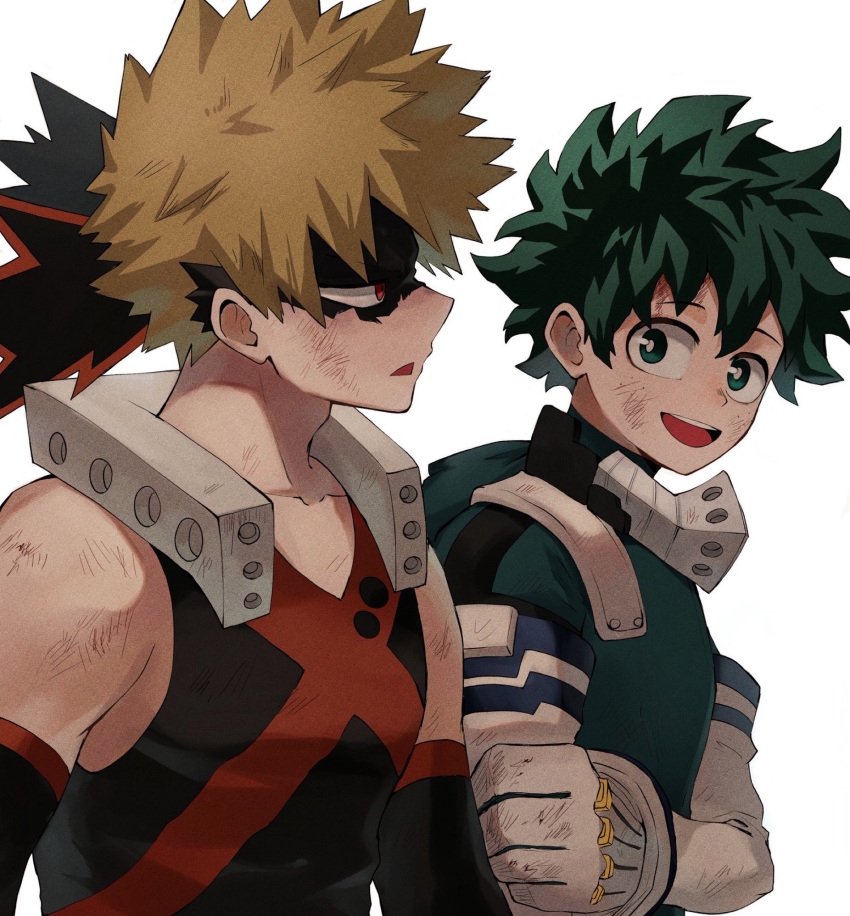 2boys :d bakugou_katsuki bare_shoulders black_tank_top bleeding blonde_hair blood blood_on_face bodysuit boku_no_hero_academia bright_pupils curly_hair detached_sleeves dirty dirty_clothes eye_mask film_grain freckles from_side gloves green_bodysuit green_eyes green_hair hair_between_eyes hand_up headgear highres keta_(peeepeenope) looking_at_another looking_away looking_to_the_side male_focus midoriya_izuku multiple_boys open_mouth parted_lips profile red_eyes scratches short_hair side-by-side sideways_mouth simple_background sleeveless smile spiked_hair tank_top teeth torn_mask upper_body upper_teeth_only v-neck white_background white_gloves white_pupils x