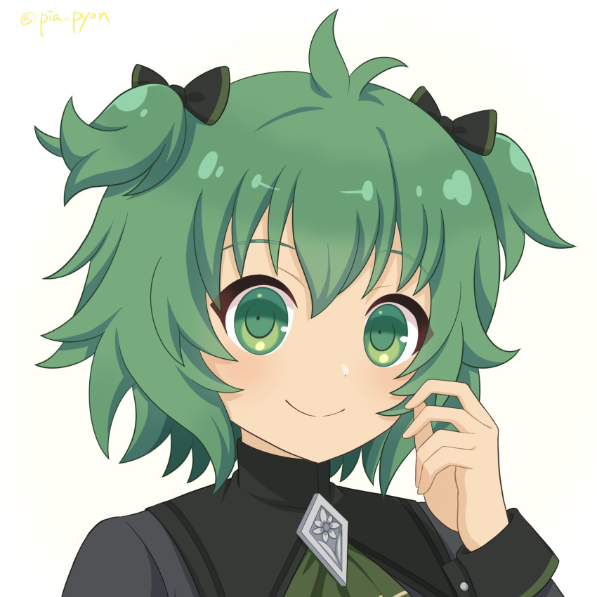 1girl antenna_hair ascot assault_lily bangs black_bow black_shirt bow closed_mouth commentary_request gradient_background green_ascot green_eyes green_hair hair_bow hand_up highres light_blush long_sleeves looking_at_viewer official_alternate_costume piatin portrait shirt short_hair smile solo twitter_username two_side_up white_background yellow_background yoshimura_thi_mai