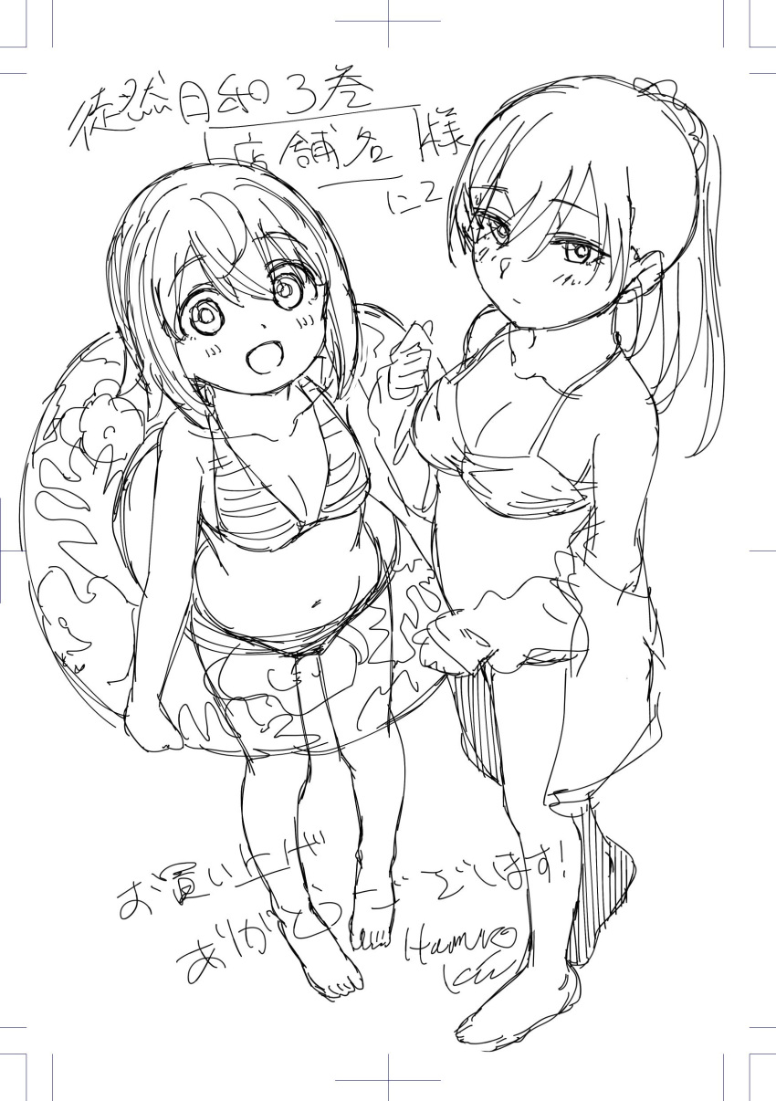 2girls absurdres artist_name barefoot bikini blush check_translation coat expressionless hamuro_kei hanamura_koharu highres looking_at_viewer multiple_girls official_art open_mouth ponytail shirotsuki_mafuyu signature sketch smile standing swimsuit take_your_pick translation_request tsurezure_biyori