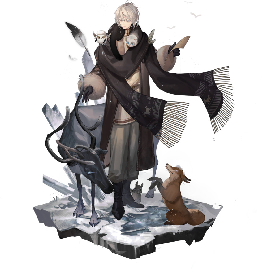 1boy bird black_cape black_footwear black_scarf boots brown_coat buttons cape closed_mouth coat feathers fox full_body fur-trimmed_coat fur_trim highres holding holding_paper long_sleeves male_focus mink_(animal) official_art paper rabbit reindeer reverse:1999 rope scarf solo standing sweater tachi-e third-party_source transparent_background white_hair yellow_sweater zima_(reverse:1999)