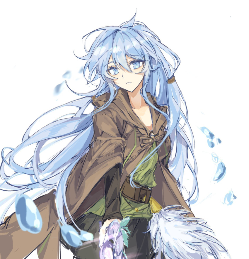 1girl akahoshi_k belt blue_eyes blue_hair duel_monster eria_(yu-gi-oh!) eria_the_water_charmer hair_between_eyes highres holding holding_staff hood hood_down long_hair long_sleeves open_clothes open_robe pom_pom_(clothes) robe sketch skirt solo staff water wide_sleeves yu-gi-oh!