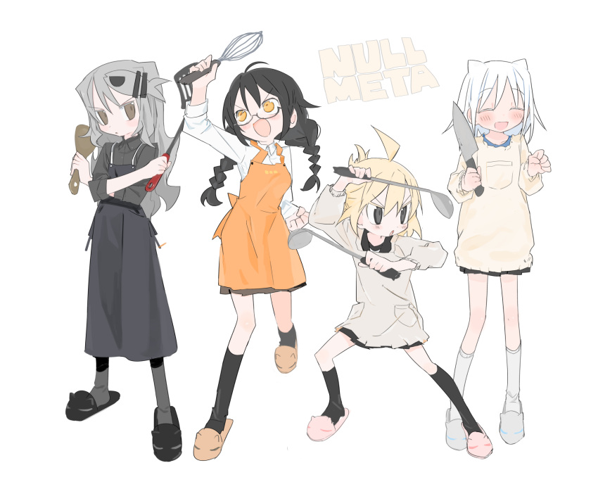 4girls agoshi_sakina ahoge alternate_costume animal_slippers apron arm_up black_apron black_eyes black_hair black_skirt black_socks blonde_hair braid brown_eyes clenched_hand closed_eyes collared_shirt commentary_request copyright_name crossed_arms dual_wielding facing_viewer fighting_stance fish_hair_ornament grey_hair grey_pantyhose grey_shirt hair_horns hair_ornament hands_up highres holding holding_knife holding_ladle holding_spatula holding_whisk kitchen_knife kneehighs knife kokaki_mumose ladle long_hair long_sleeves looking_ahead looking_at_viewer looking_up medium_hair moneko_(null-meta) multiple_girls null-meta open_mouth orange_apron pantyhose pleated_skirt serious shamoji shirt short_hair simple_background skirt sleeves_rolled_up slippers smile smock socks souen_chiaki spatula takada_shiyuki twin_braids unconventional_weapon uozumi_kurumi v-shaped_eyebrows wavy_hair whisk white_background white_hair white_socks yellow_eyes