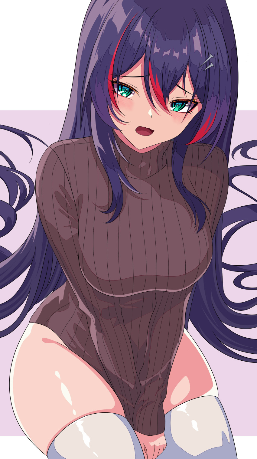 1girl absurdres alternate_costume aqua_eyes black_hair breasts brown_sweater commentary english_commentary highres itsrice large_breasts long_hair mika_melatika multicolored_hair nijisanji open_mouth red_hair solo streaked_hair sweater thighhighs very_long_hair virtual_youtuber white_thighhighs