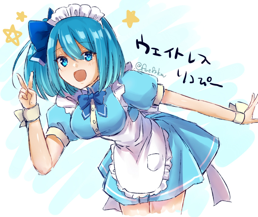 1girl :d apron aqua_eyes aqua_hair blue_bow blue_bowtie blue_dress bow bowtie dress fine8rkm hair_between_eyes highres leaning_forward looking_at_viewer maid_apron maid_headdress mega_man_(series) mega_man_x_(series) mega_man_x_dive open_mouth puffy_short_sleeves puffy_sleeves rico_(mega_man) short_sleeves side_ponytail smile solo twitter_username v white_apron wrist_cuffs