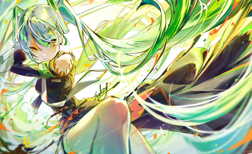 1girl armband commentary detached_sleeves fighting_miku_(project_voltage) food gloves green_armband hatsune_miku highres holding holding_food holding_spring_onion holding_vegetable long_hair long_sleeves multicolored_eyes multicolored_hair necktie orange_trim pokemon project_voltage sakinoji side_slit signature single_detached_sleeve solo spring_onion thighhighs twintails vegetable very_long_hair vocaloid white_gloves white_necktie white_thighhighs