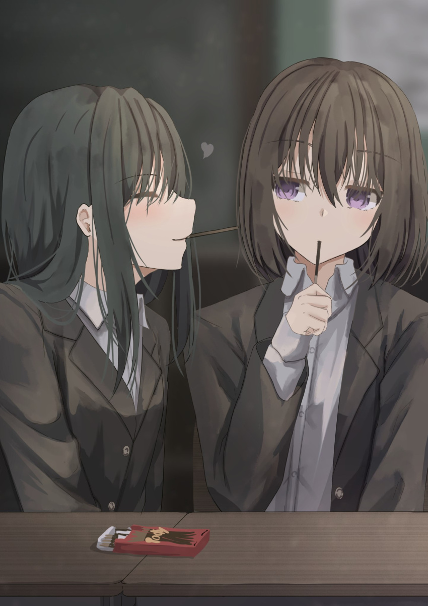 2girls araishi_maro black_hair black_jacket blurry blurry_background breasts closed_mouth collared_shirt desk food food_in_mouth hair_between_eyes highres holding holding_food holding_pocky jacket long_hair looking_at_another medium_hair multiple_girls original pocky pocky_in_mouth purple_eyes revision school_desk school_uniform shirt sitting small_breasts smile uniform white_shirt yuri
