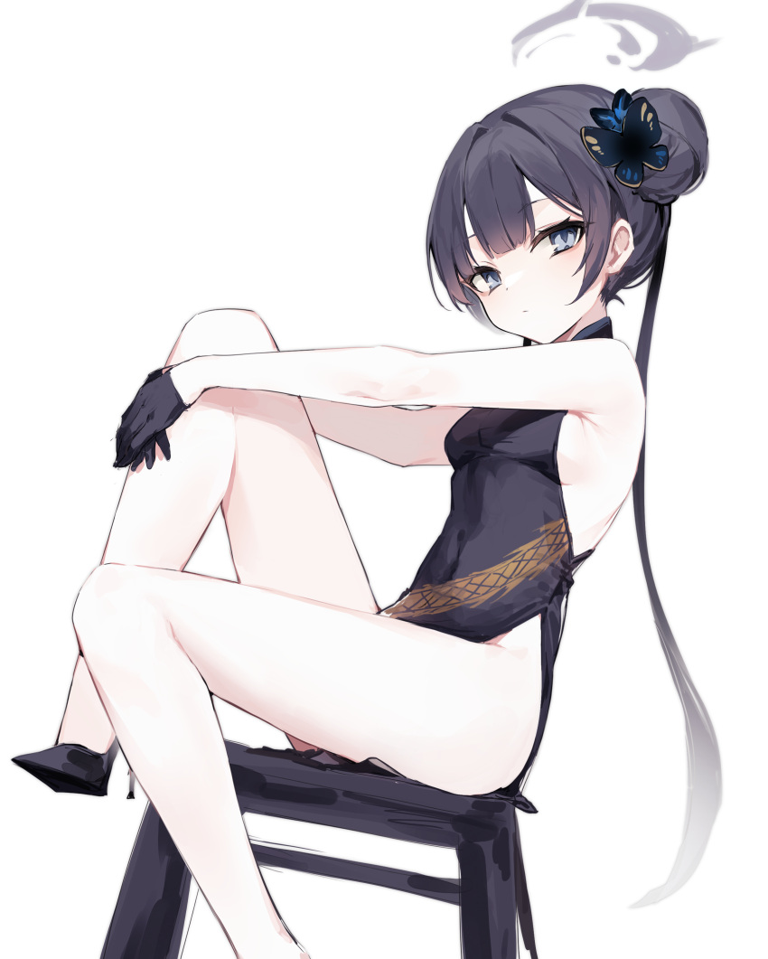 1girl absurdres bare_arms bare_legs bare_shoulders black_dress black_footwear black_gloves black_hair blue_archive blue_eyes breasts butterfly_hair_ornament china_dress chinese_clothes dress expressionless from_side gloves hair_bun hair_ornament halo high_heels highres hugging_own_legs kisaki_(blue_archive) kitere knee_up long_hair looking_at_viewer looking_to_the_side no_panties pelvic_curtain print_dress simple_background sleeveless sleeveless_dress small_breasts solo thighs very_long_hair white_background