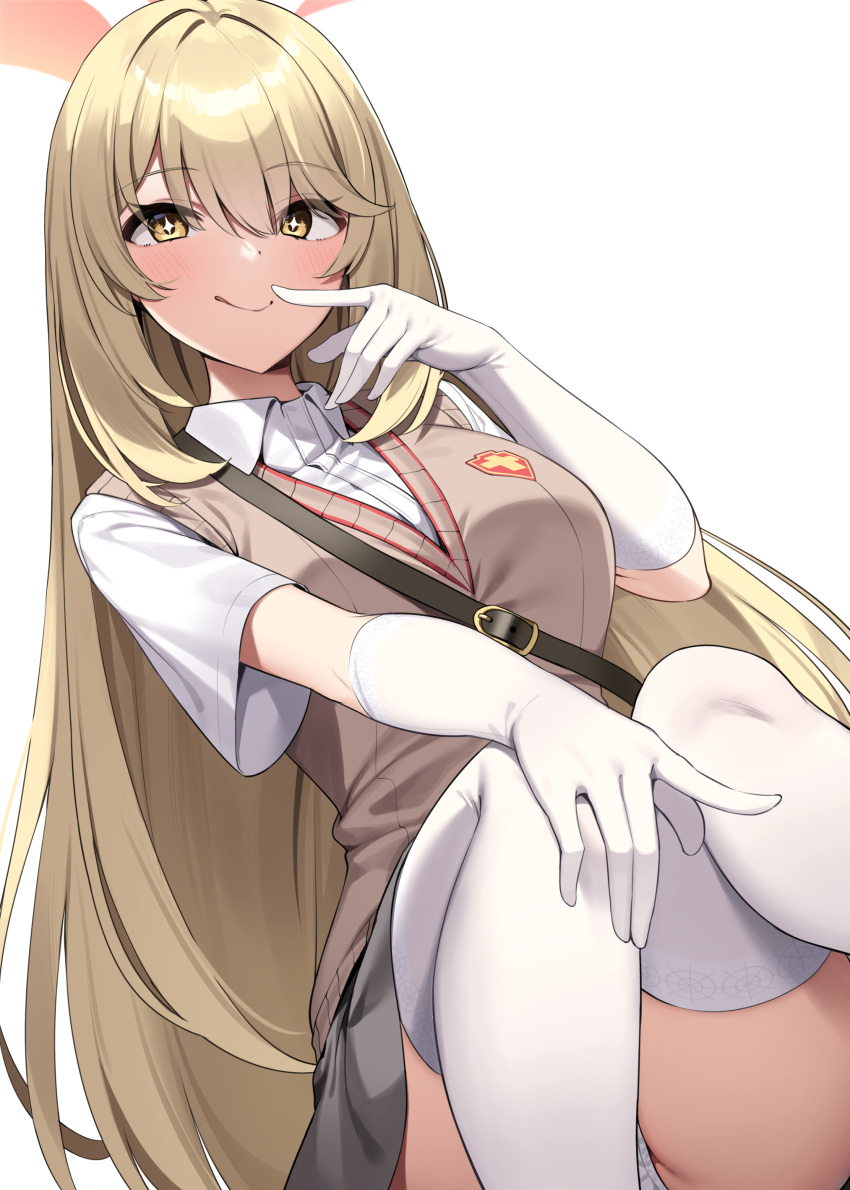 1girl absurdres blonde_hair blue_archive blush breasts brown_sweater_vest closed_mouth elbow_gloves gloves grey_skirt halo highres large_breasts licking_lips long_hair looking_at_viewer school_uniform shirt shokuhou_misaki short_sleeves sitting skirt smile solo sparkling_eyes suiroh_(shideoukami) sweater_vest symbol-shaped_pupils thighhighs thighs toaru_kagaku_no_railgun toaru_majutsu_no_index tokiwadai_school_uniform tongue tongue_out white_gloves white_shirt white_thighhighs yellow_eyes